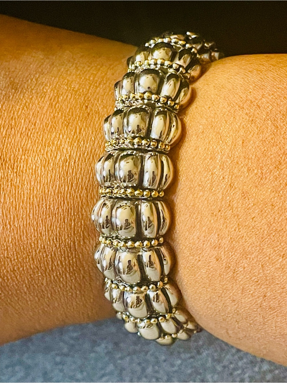 Two-Tone Silver and Gold Flex Clamper Bracelet with Shrimp Textured Design - Picture 5 of 5